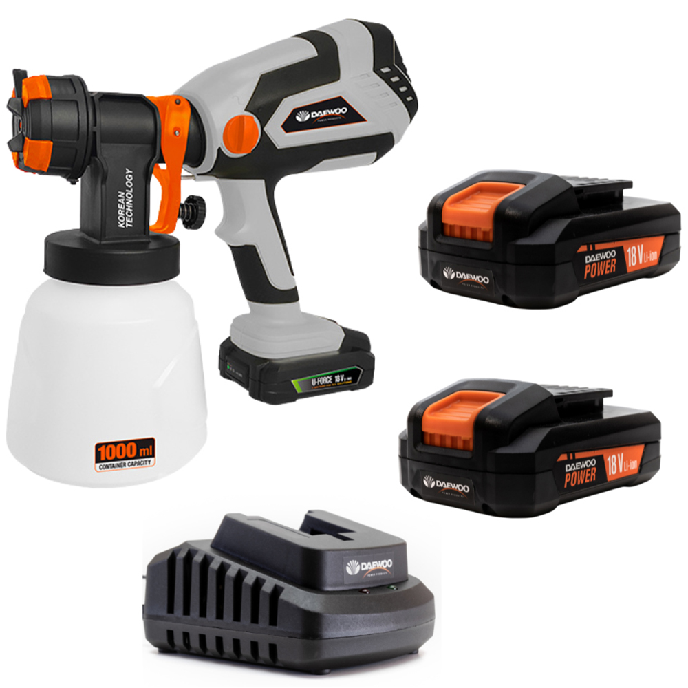 Daewoo U-Force 18V Cordless Paint and Fence Spray Gun with 2 x 2.0Ah Battery Charger Image 1