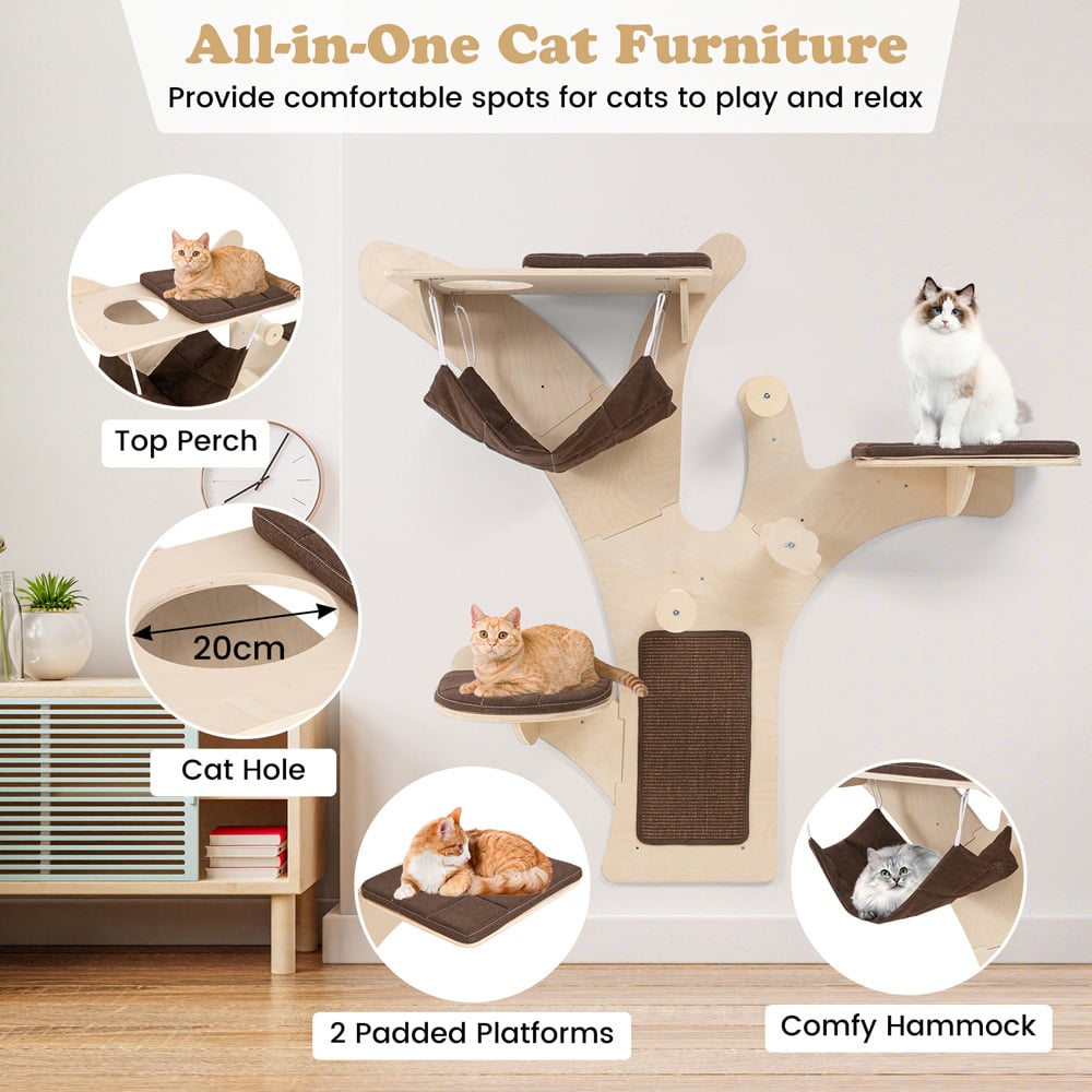 Costway Brown Wall Mounted Cat Tower with Scratching Posts Image 5