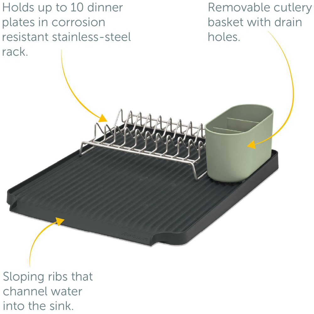 ReBorn Charcoal Grey and Sage Green Large Kitchen Draining Rack with Cutlery Holder Image 8