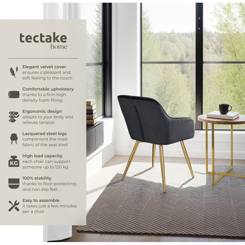 tectake Marilyn Set of 8 Black and Gold Velvet Look Padded Accent Chairs Image 3
