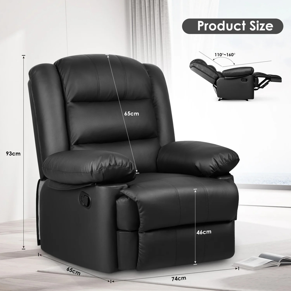 Rattrix Black PU Leather Manual Reclining Chair with Padded Backrest and Retractable Footrest Image 8