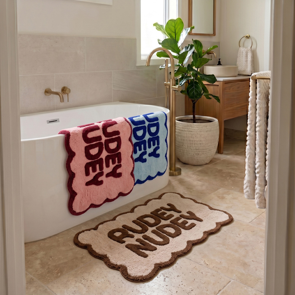Allure Bath Fashions Burgundy and Pink Rudey Nudey Slogan Scalloped Non-Slip Bath Mat 50 x 80cm Image 7