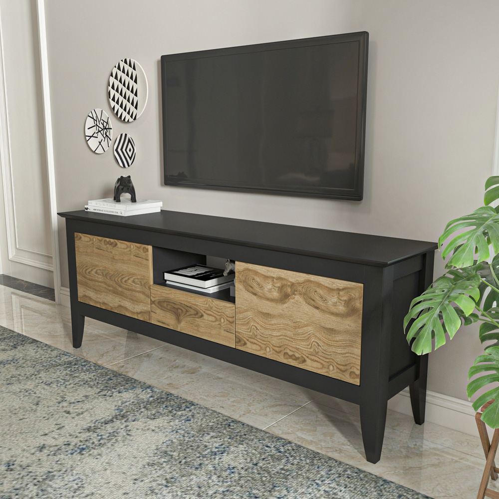 Decorotika Verde 3 Door Single Shelf Oud and Black TV Unit Image 6