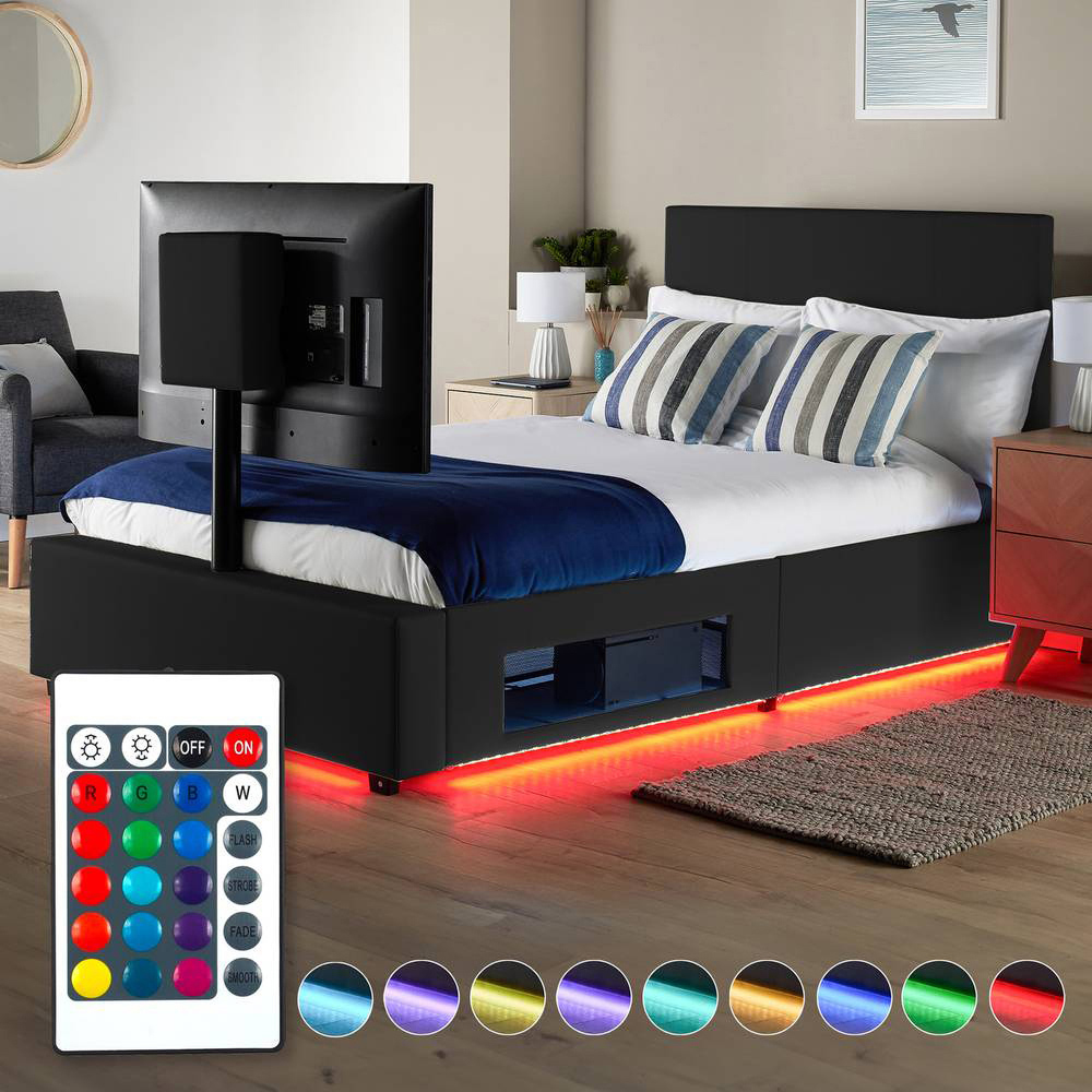 XR Living Ava Small Double Black PU Upholstered TV Bed with Underbed Lights Image 7