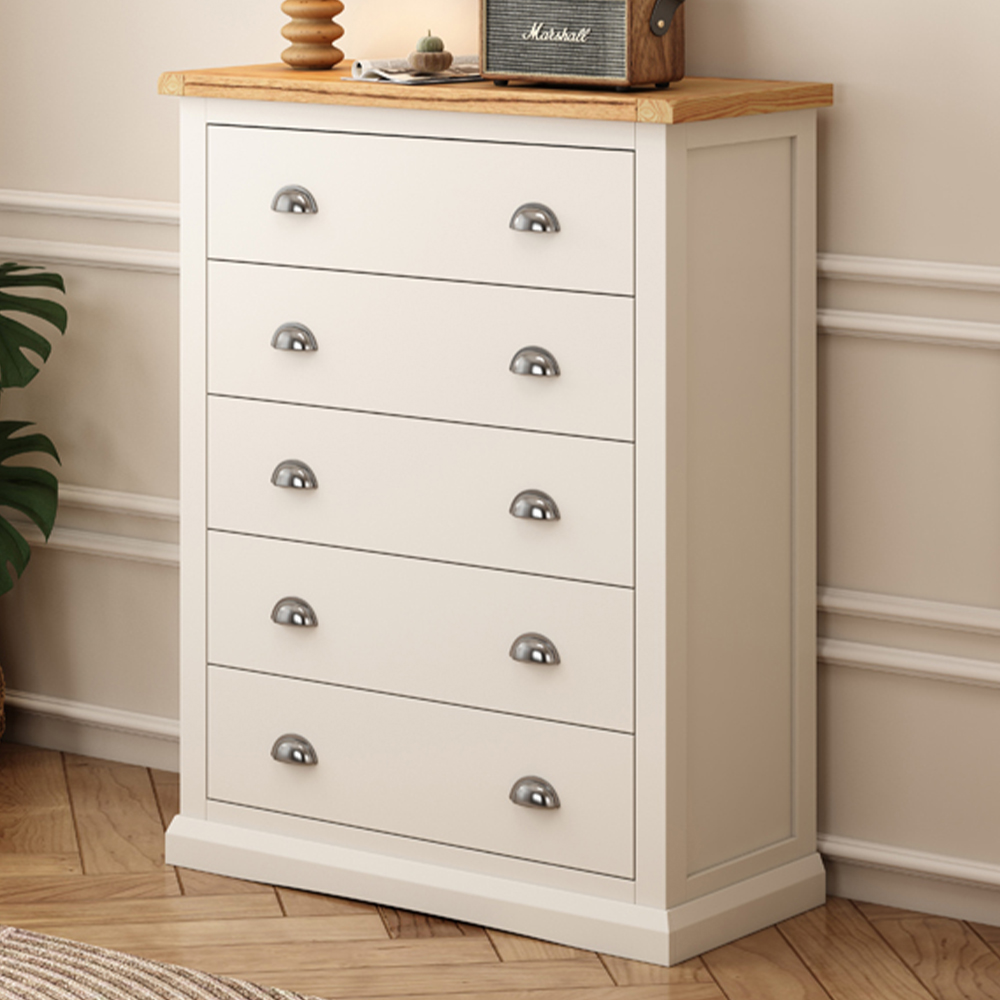Cabinet Bits Cosenza 5 Drawer White Chrome Cup Handle Chest of Drawers Image 1
