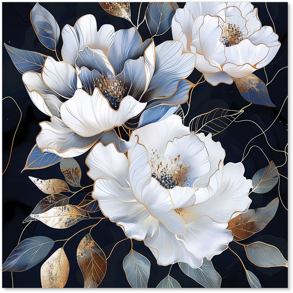 Warren Reed Designer Elegant Floral Symphony In Blue And Gold Glass Kitchen Splashback 60 x 60cm Image 2