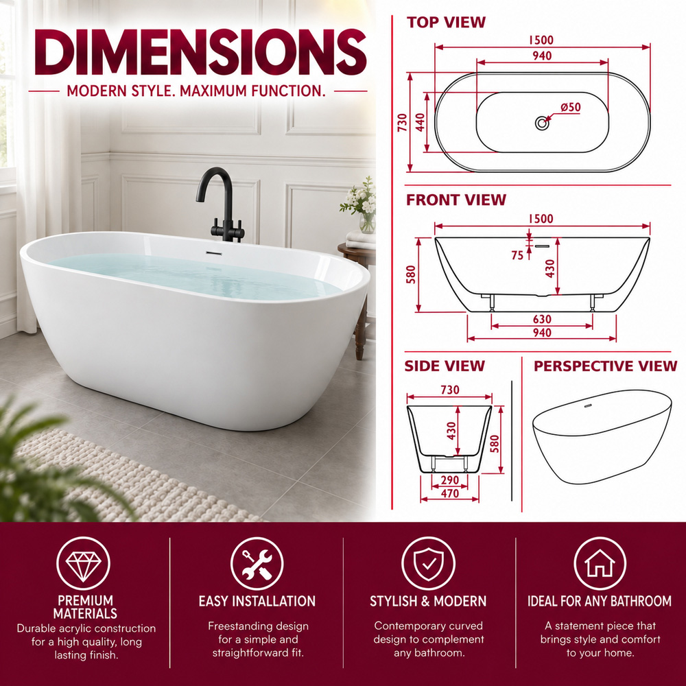Go Bathrooms Gloss White Double Ended Round Freestanding Bath 1500 x 750mm Image 7