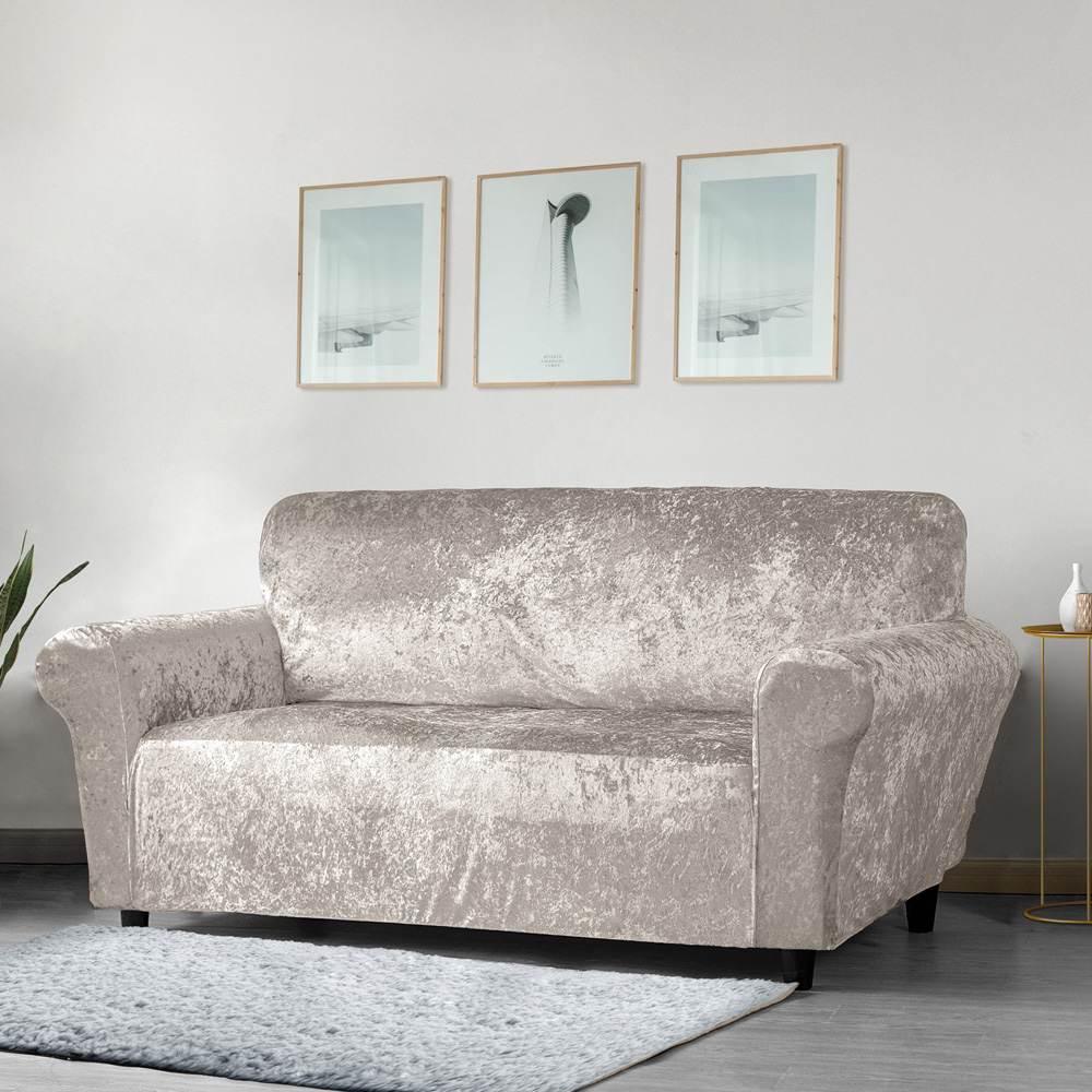 Homerepublic 3 Seater Natural Crushed Velvet Stretch Fit Sofa Cover Image 2