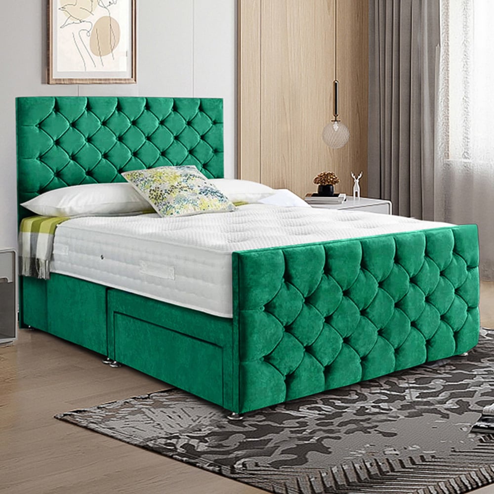 Eleganza Home Dreamscape Single Emerald Plush Velvet Single Drawer Divan Bed with Headboard Image 1