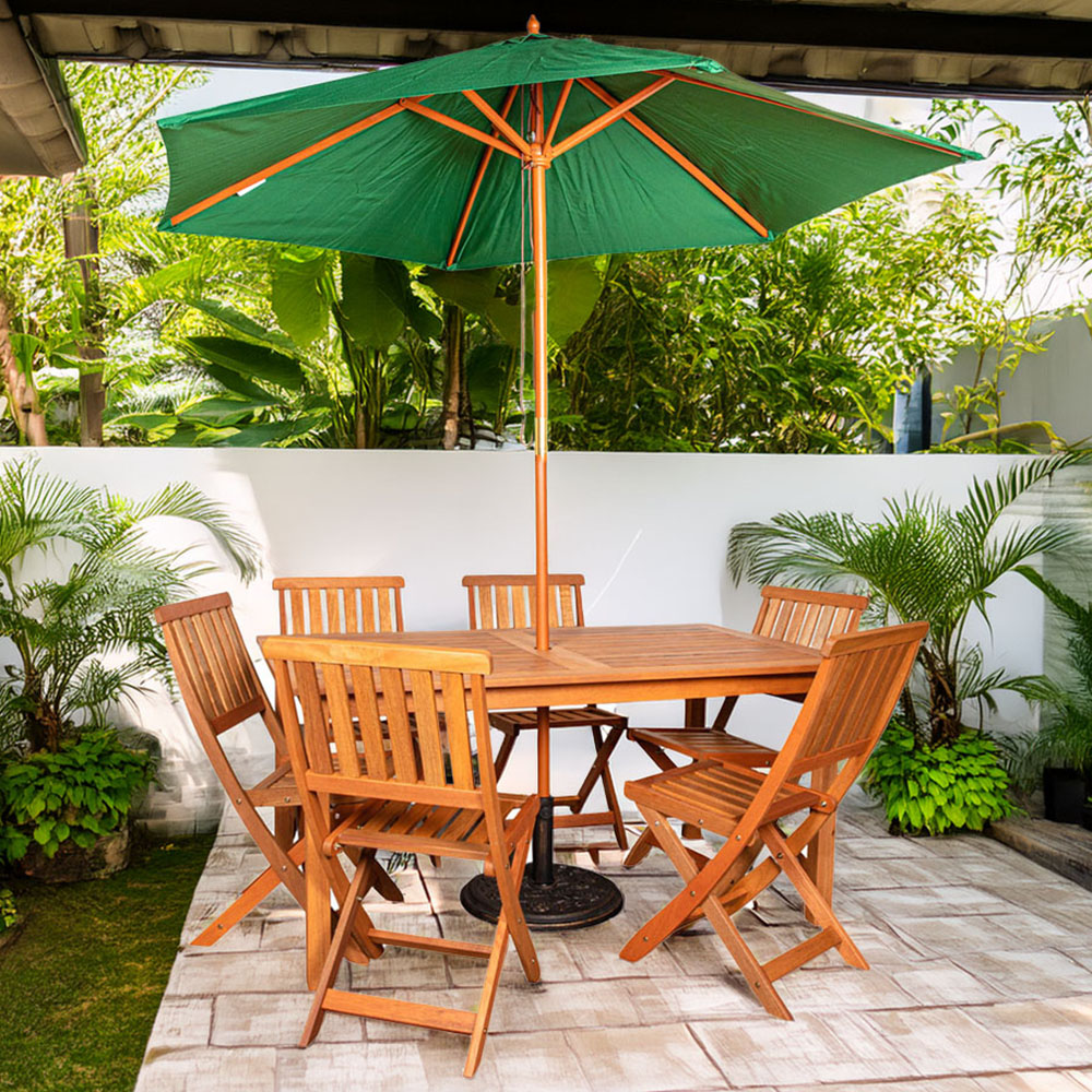 Samuel Alexander 6 Seater Rectangular Outdoor Dining Table Set with Green Parasol and Base Image 1