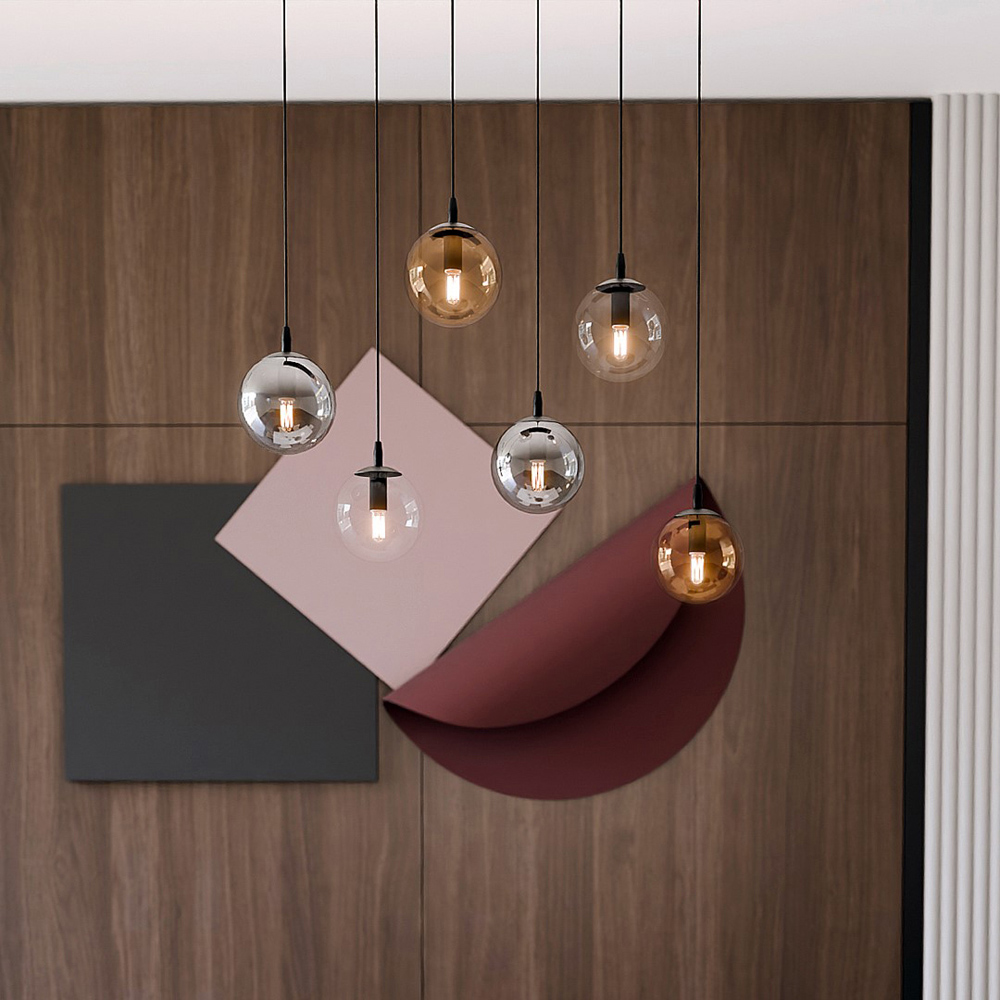 Emibig Cosmo 6 Light Transparent Graphite and Amber Shade Black E14 Ceiling Pendant Light Image 4