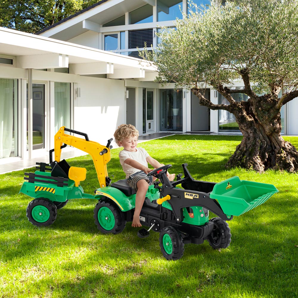 Costway 3-in-1 Kids Green Ride On Pedal Excavator with Detachable Trailer Image 2