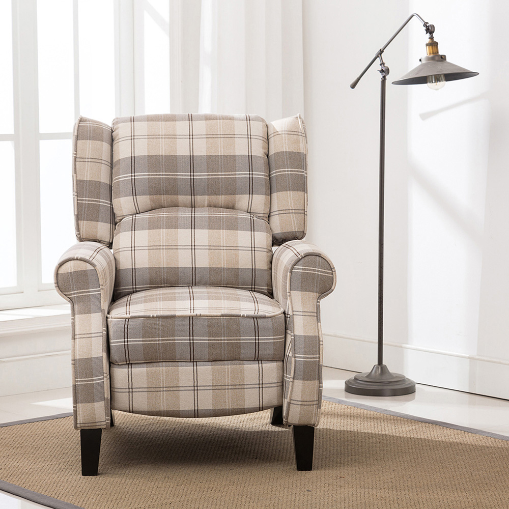 Furniture Online Eaton Beige Wing Back Checkered Recliner Chair Image 7