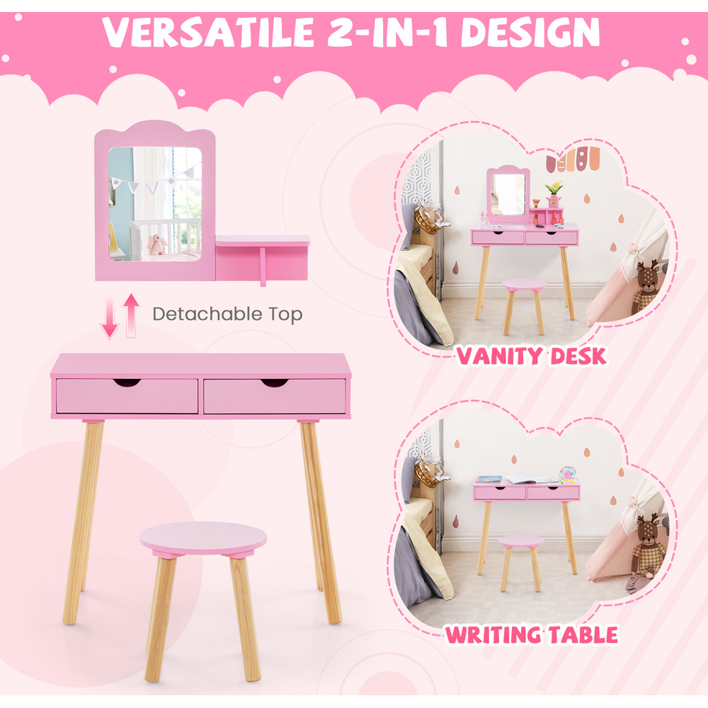 Costway Kids Light Pink Vanity Table and Stool Set with Square Mirror and Storage Shelf Image 4