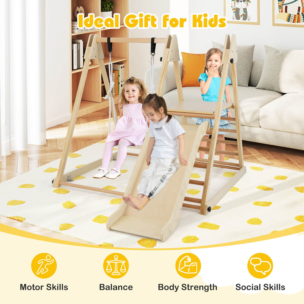 Costway 3-in-1 Kids Natural Foldable Indoor Jungle Gym with Swing Image 5