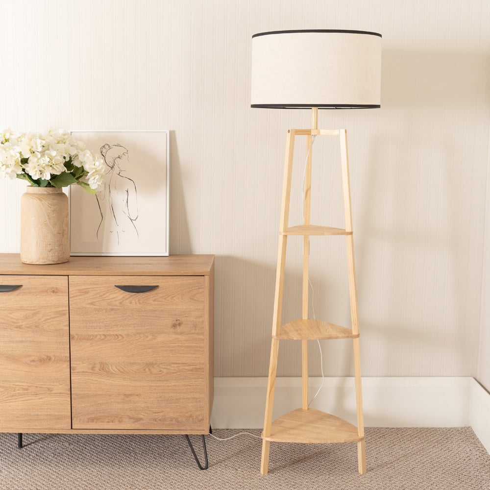 ValueLights Hiru 3 Shelf Black Edge Drum Shade Wooden LED Floor Lamp Image 3