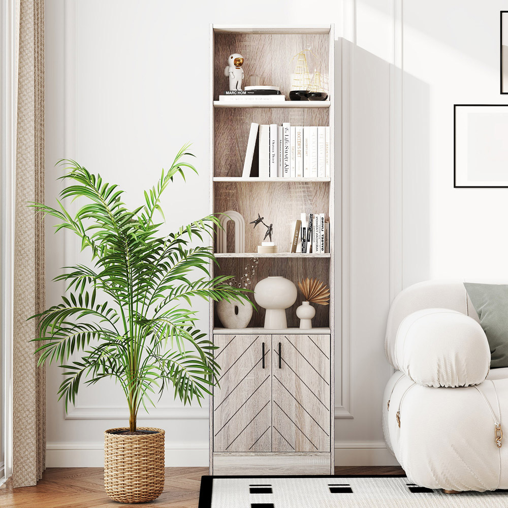 Costway 2 Door 4 Shelf Grey Tall Bookshelf Image 4