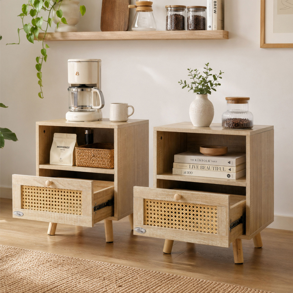 Abrihome Single Drawer Single Shelf Natural Wooden Rattan Nightstand Set of 2 Image 3