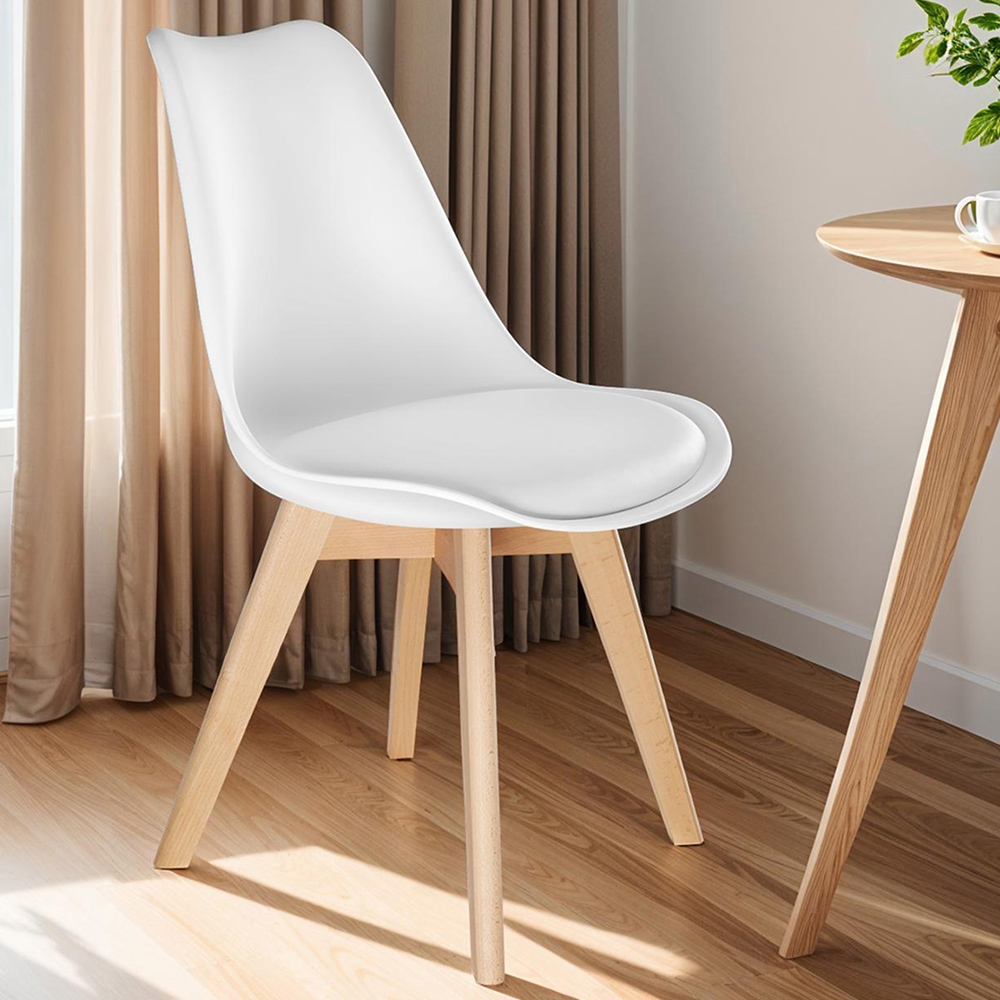 tectake Frederikke Set of 6 White Ergonomic Dining Chair with Padded Seat and Wooden Legs Image 1