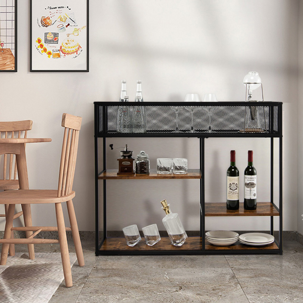 Costway 3 Shelf Brown Console Table with Wire Basket Image 4