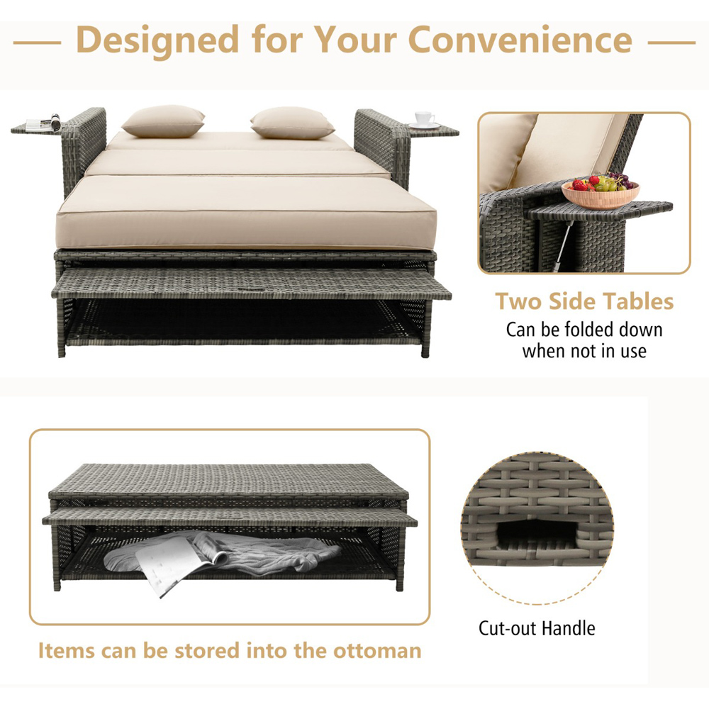 Costway Light Brown Wicker Loveseat Ottoman Sofa with Retractable Side Tray Image 5