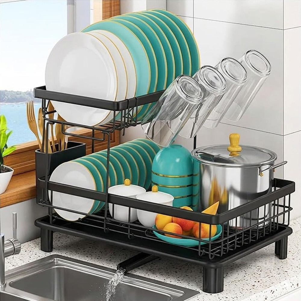 ATEK 2-Tier Black Dish Drying Rack with Drain Tray Image 2
