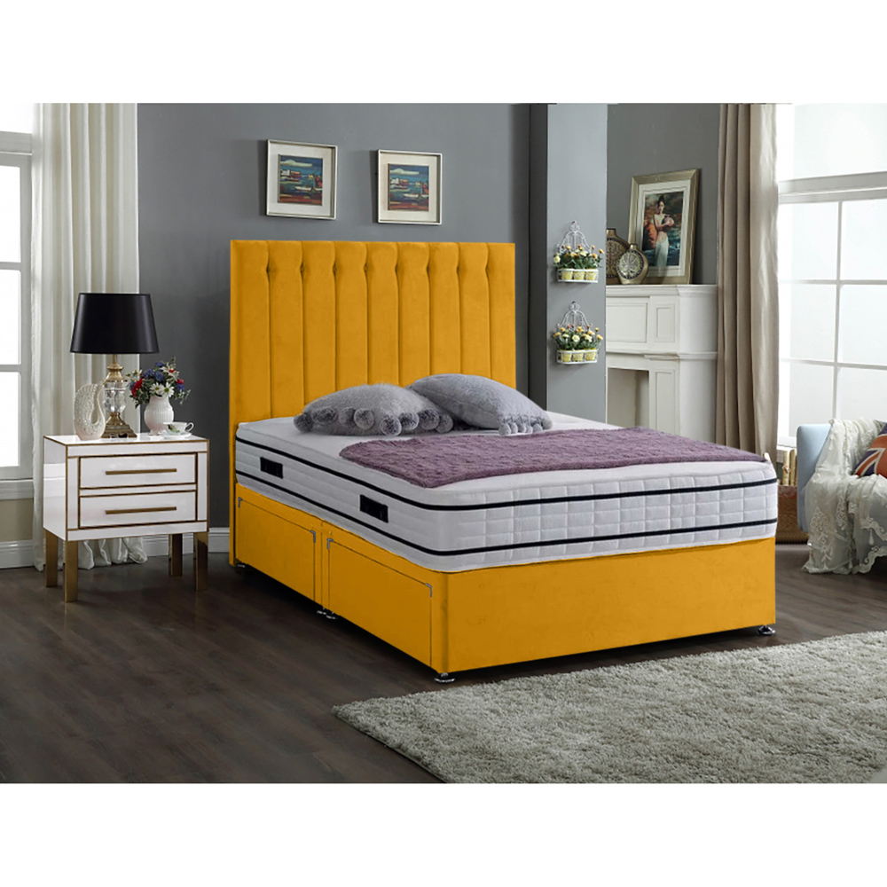 Eleganza Home Snuggler Double Mustard Plush Velvet 2 Drawer Divan Bed with Lined Headboard Image 2