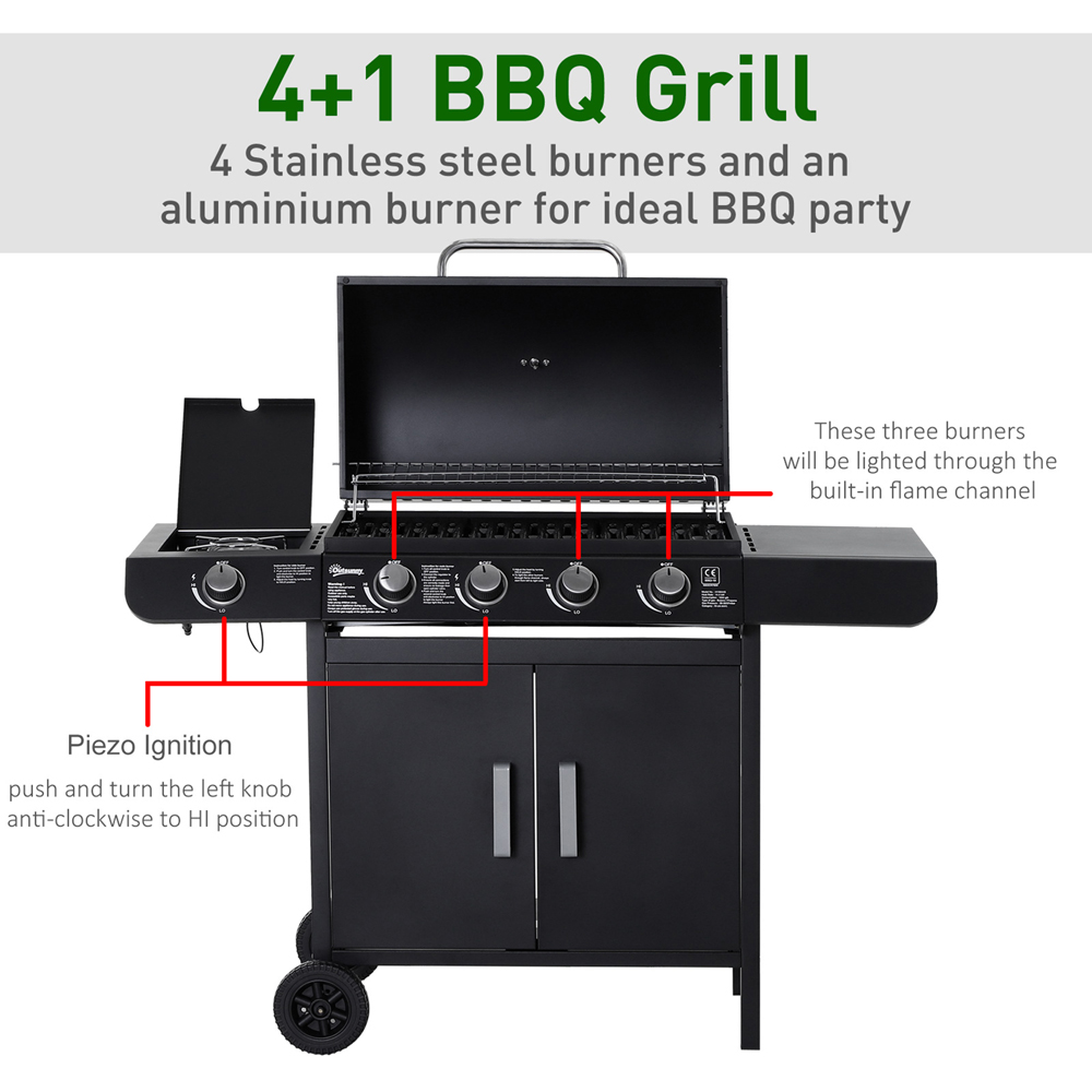 Outsunny Deluxe Black 4 Burner Gas BBQ Grill with Side Burner Image 5