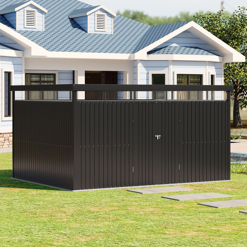 Living and Home 10 x 13ft Charcoal Black Garden Tool Storage Shed with Flat Roof Image 7