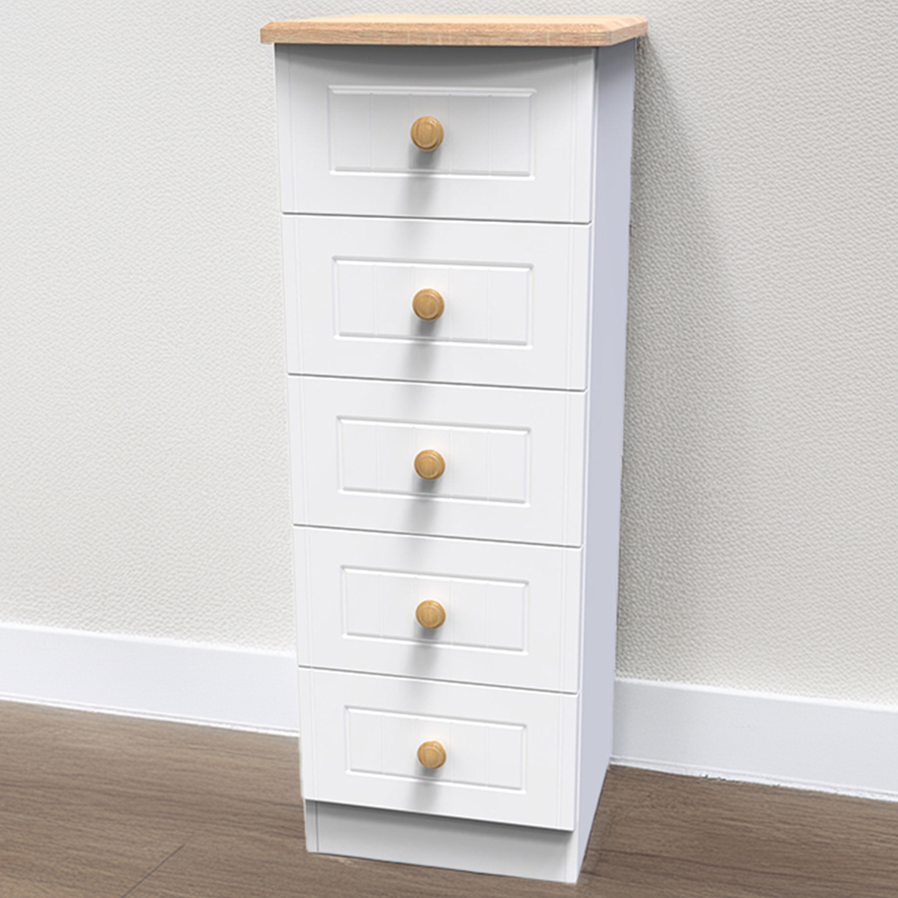 Crowndale Warwick 5 Drawer White Ash and Oak Tall Bedside Cabinet Image 1