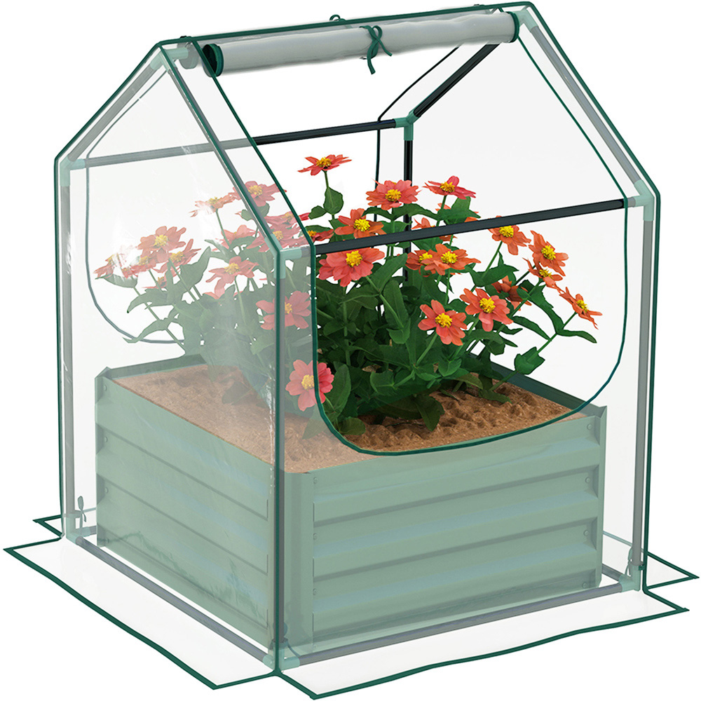 Outsunny Clear and Green 2.2 x 2.2ft Raised Garden Bed Planter Box with Greenhouse Image 1