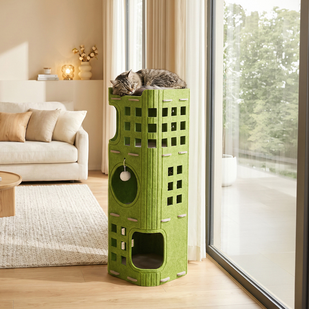 H&O Direct 3-Tier Green Felt Cat House with Hanging Fluffy Ball Image 5