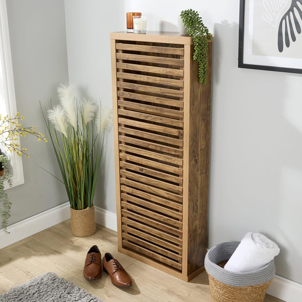 Home Source Luna 3 Flip Down Door Oak Slatted Shoe Cabinet Image 6