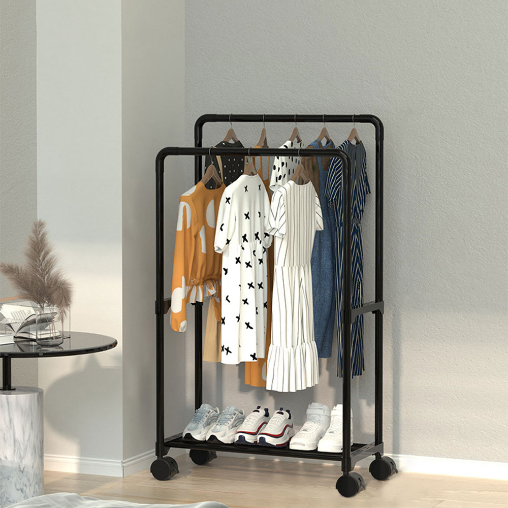 Living and Home Double Rod Metal Clothes Rack with Wheels Image 2