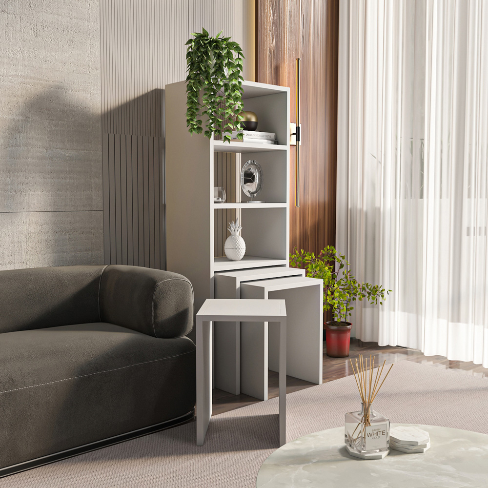 Decorotika Modern Melo 3 Shelf White Bookcase with Nest of Tables Set of 3 Image 6