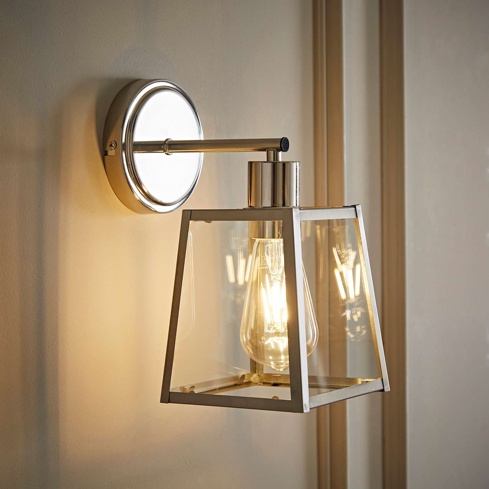 ValueLights Susie Lantern Shade Brushed Chrome Glass Wall Light with Bulb Image 6