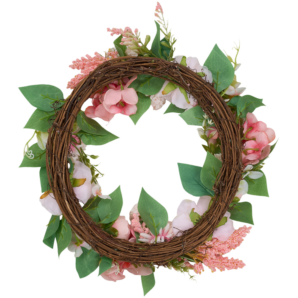Living and Home Artificial Pink Ranunculus and Camellia Door Wreath 40cm Image 4