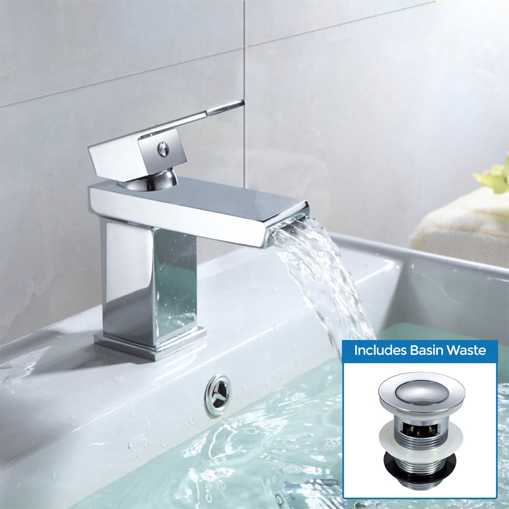 Nes Home Square Waterfall Mono Basin Mixer Tap with Waste Image 2