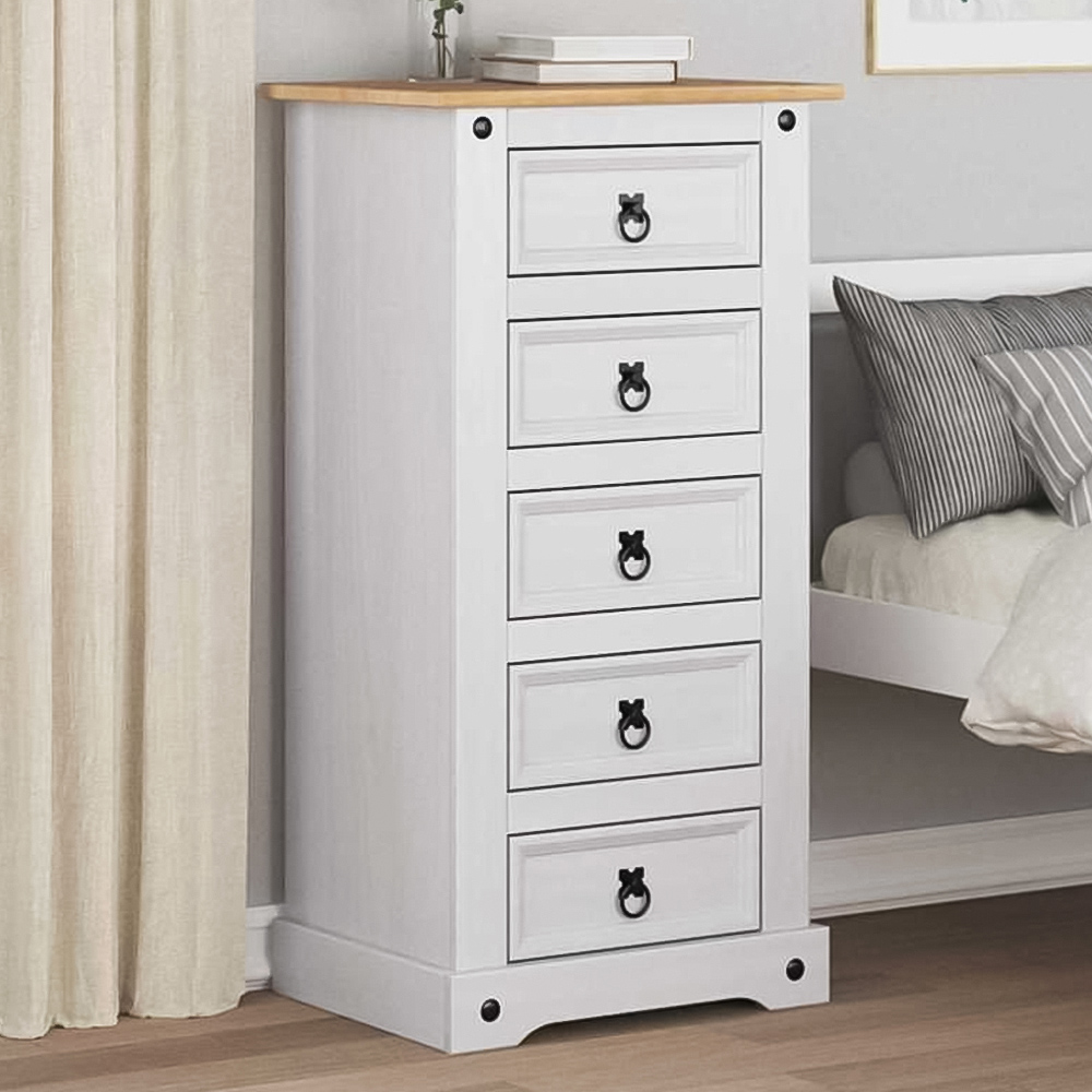 vidaXL Corona 5 Drawer White Solid Pine Wood Bedside Table Image 1