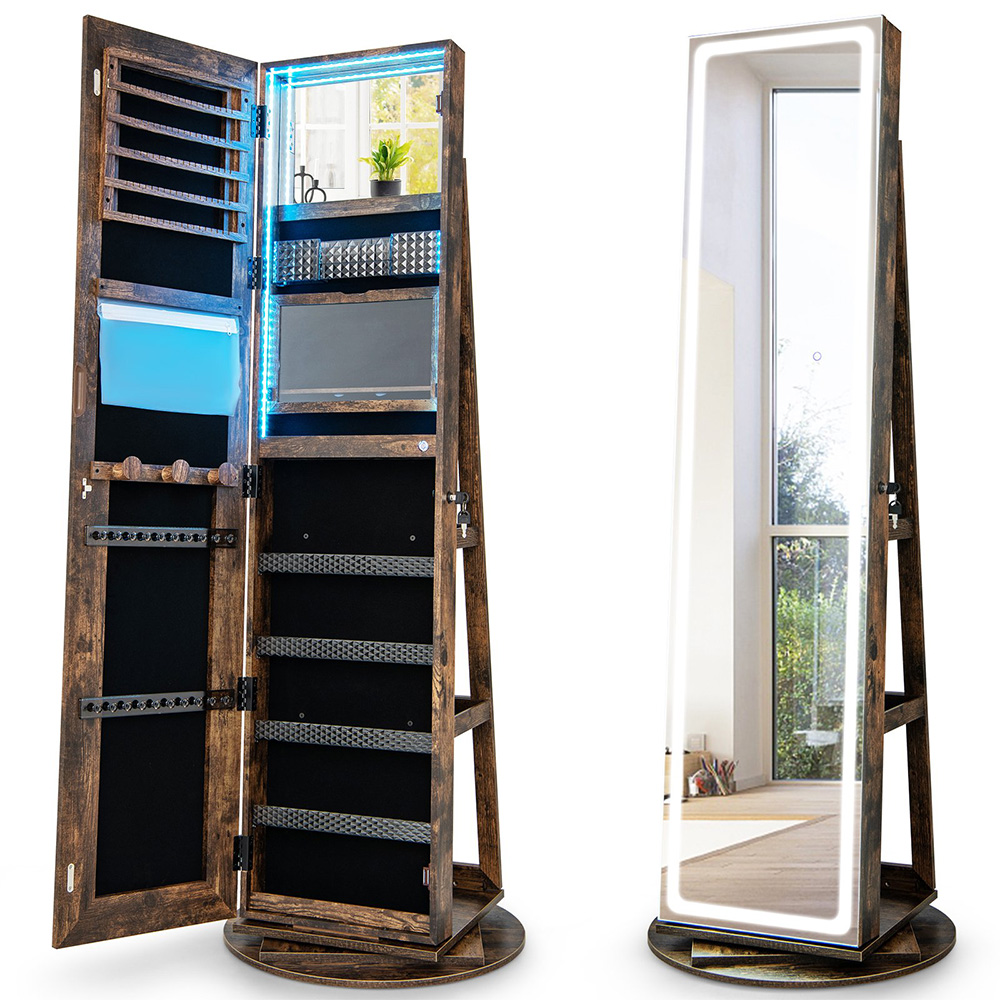 Costway Brown Swivel Mirrored LED Light Jewelry Cabinet Image 3