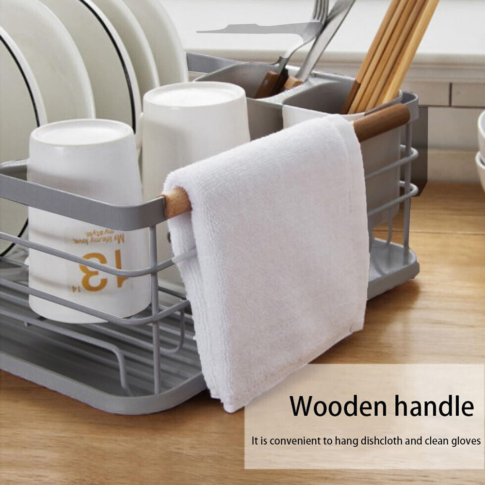 ATEK Grey Wooden Handle Dish Drying Rack with Drain Tray and Cutlery Holder Image 8