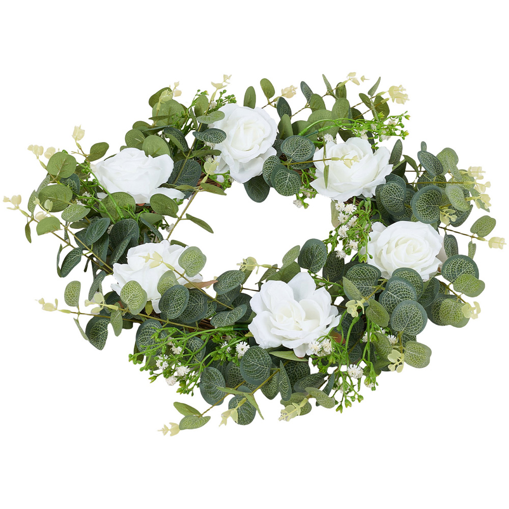 Living and Home Artificial White Rose and Eucalyptus Door Wreath 50cm Image 3