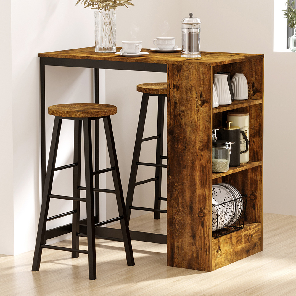 Portland 2 Seater Black and Wood Effect Bar Table with Stools and Storage Shelf Image 1