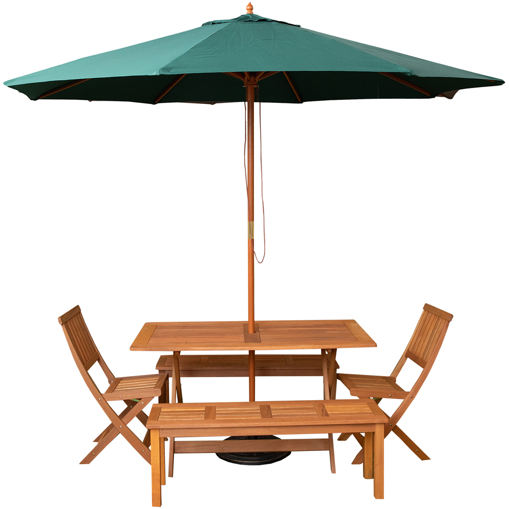 Samuel Alexander 6 Seater Wooden Rectangular Dining Bench Set with Green Parasol and Base Image 2