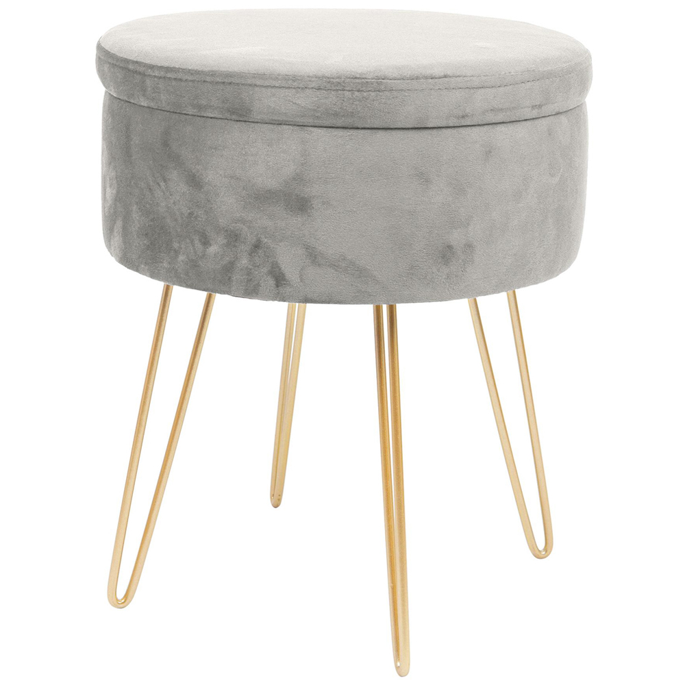 Harbour Housewares Grey and Gold Velvet Round Footstool with Storage Image 2