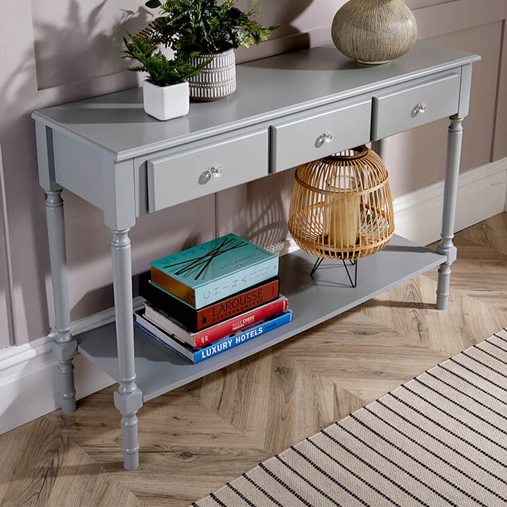 Home Source Como 3 Drawer Single Shelf Grey Pine Wood Console Table Image 1