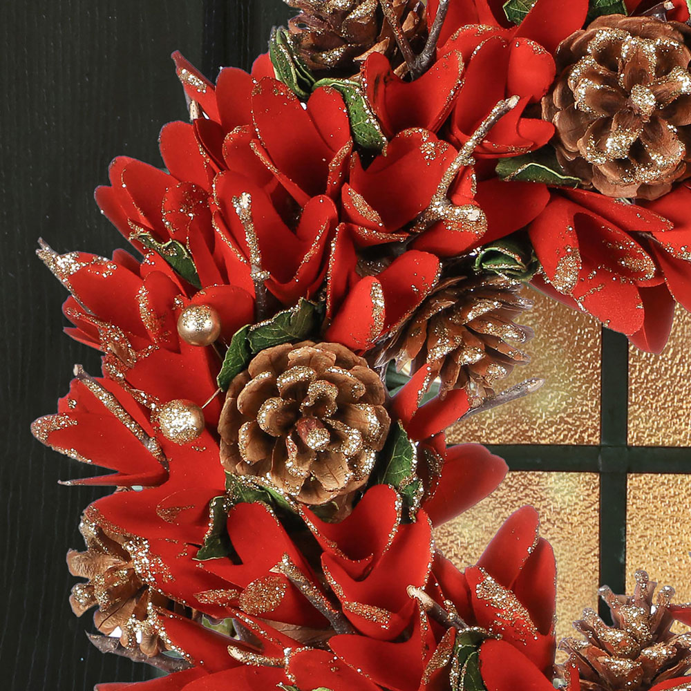 Dibor Firecracker Artificial Christmas Wreath with Pinecones and Red Petals 35cm Image 3