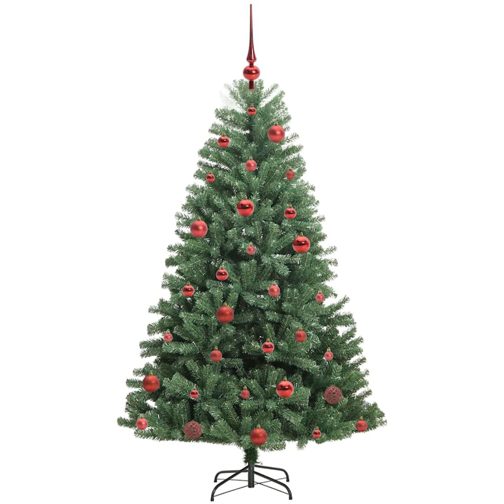 vidaXL Pre-Lit Red Baubles Green Artificial Hinged Christmas Tree 5ft Image 4
