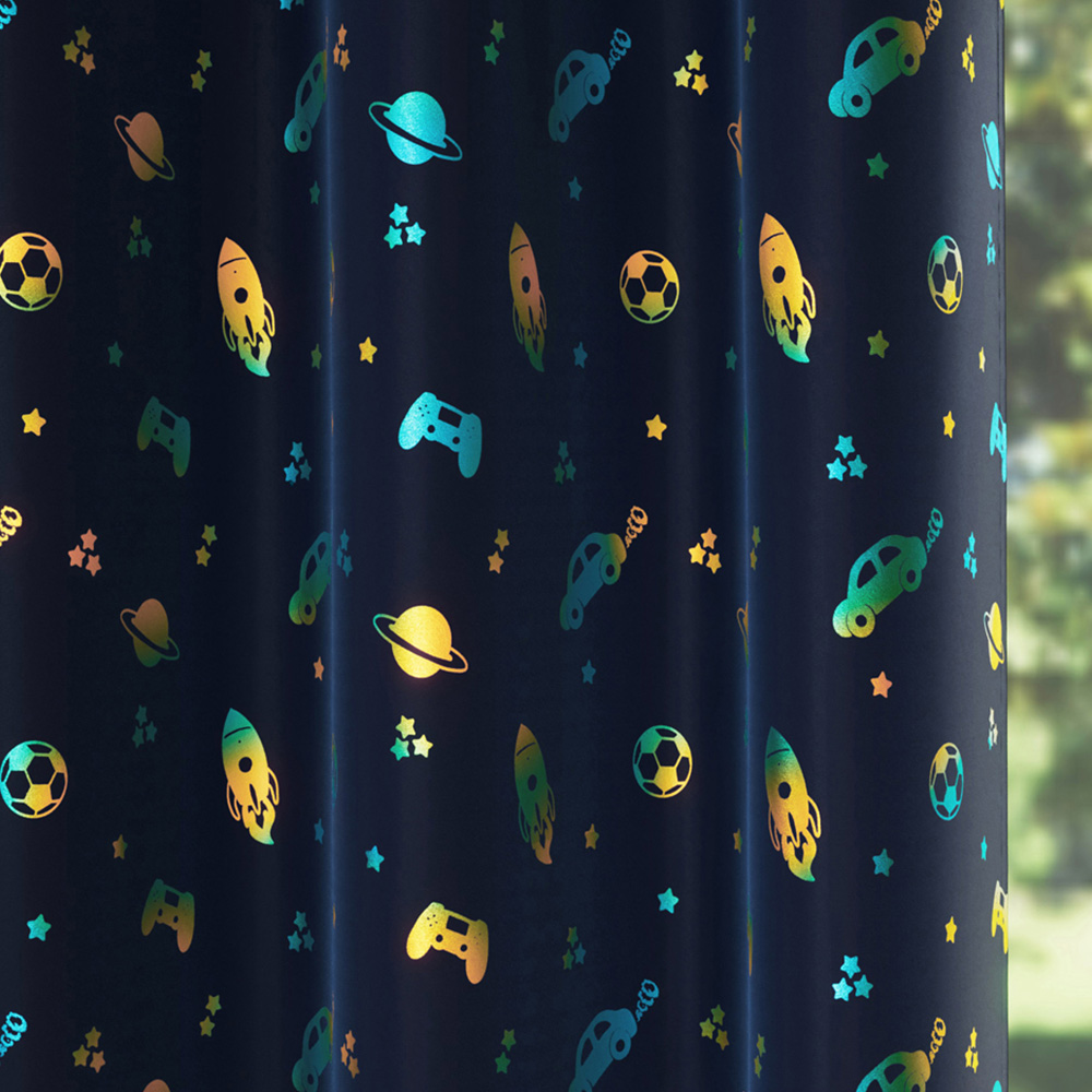 Enhanced Living Infinity Blue Metallic Print Kids Thermal Darkening Eyelet Curtains 117 x 183cm Image 3