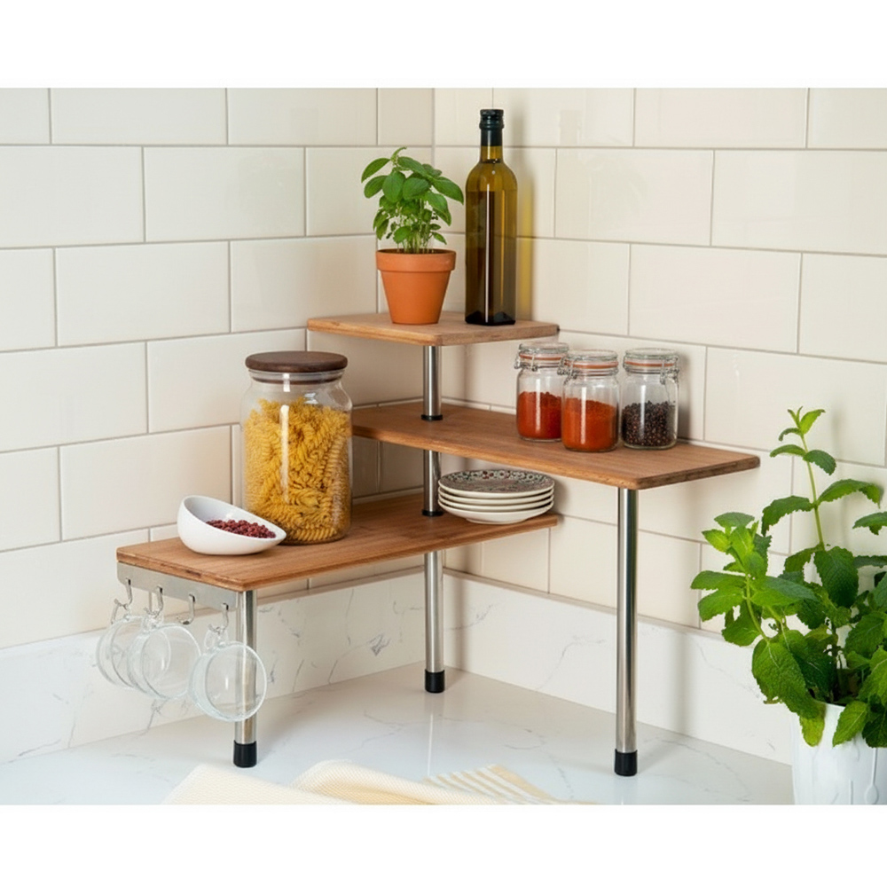 Avilo 3 Shelf Wooden Freestanding Corner Kitchen Etagere with 4 Hanging Hooks Image 2
